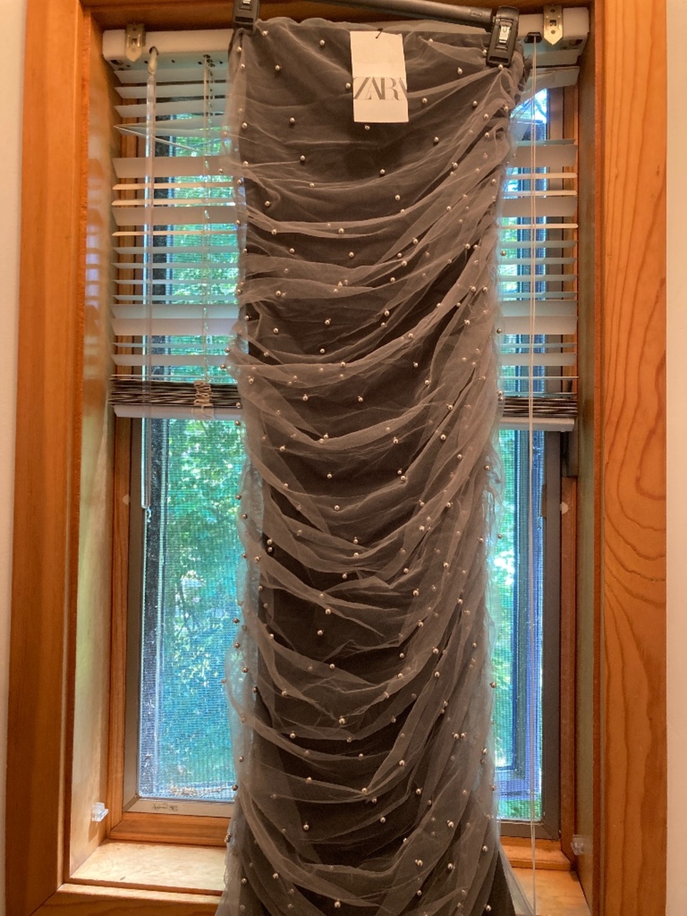 NWT ZARA Grey Tulle Pearl Embellishec Midi Dress Sz Style